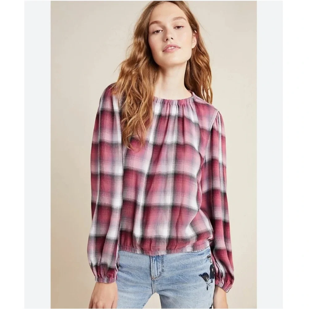 Cloth & Stone for Anthropologie Glacier Plaid Blouse Balloon Sleeves Berry Pink - Picture 1 of 5